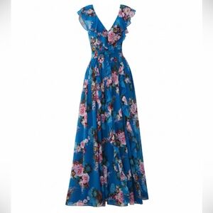 Boston Proper Blue Floral Ruffled Sleeveless Max Dress Wedding Guest Size 6